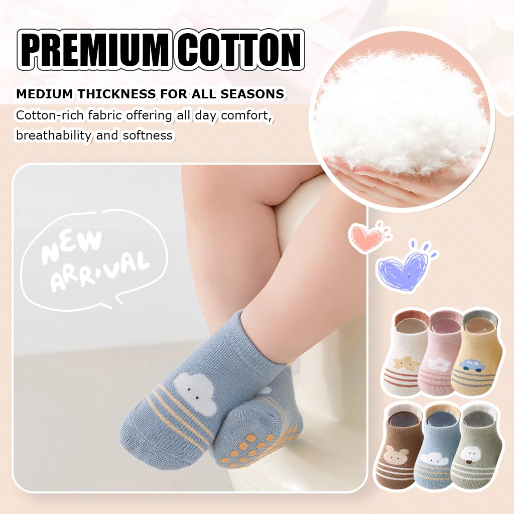 SNOWIE SOFT Cartoon Socks for Toddlers with Anti Skid Soles and Breathable Cotton 6 Pairs