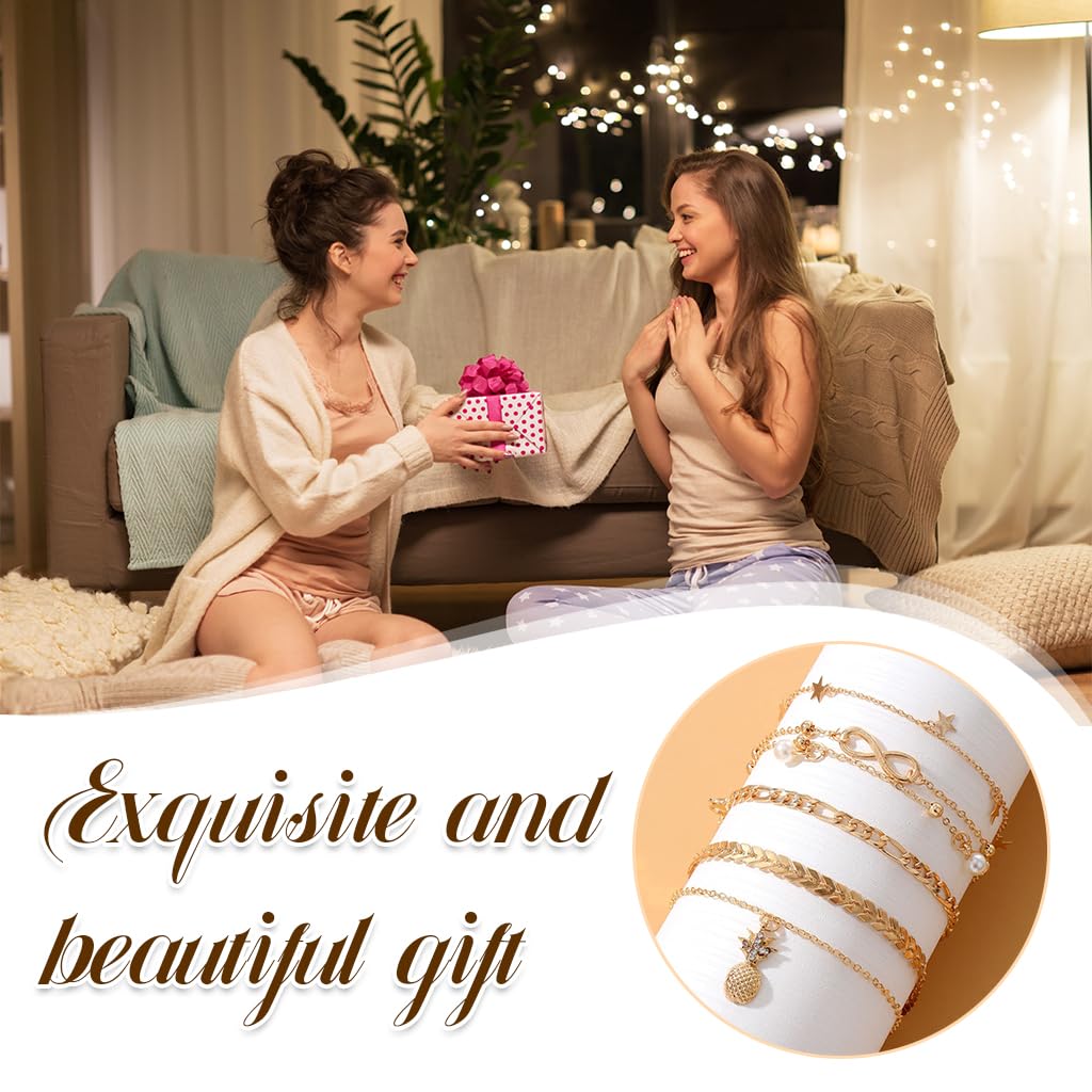 SANNIDHI Anklets for Women Girls 5 Pcs Set with Adjustable Chain in Golden Alloy | Beach and Daily Jewellery