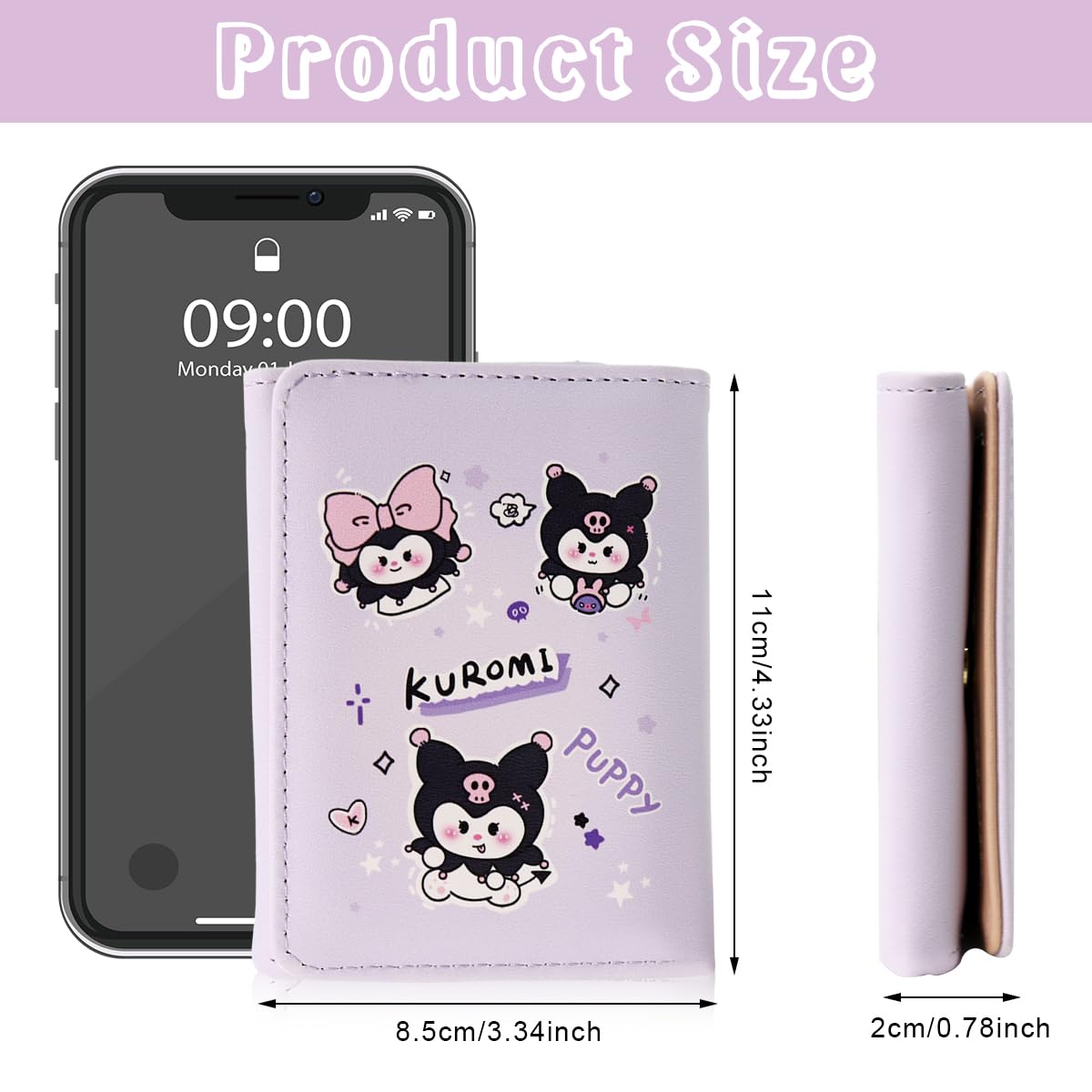 PALAY Small Wallet for Women featuring Kawaii Cartoon Design with 7 Card Slots and Purple PU Leather | Cute Coin Purse Gift