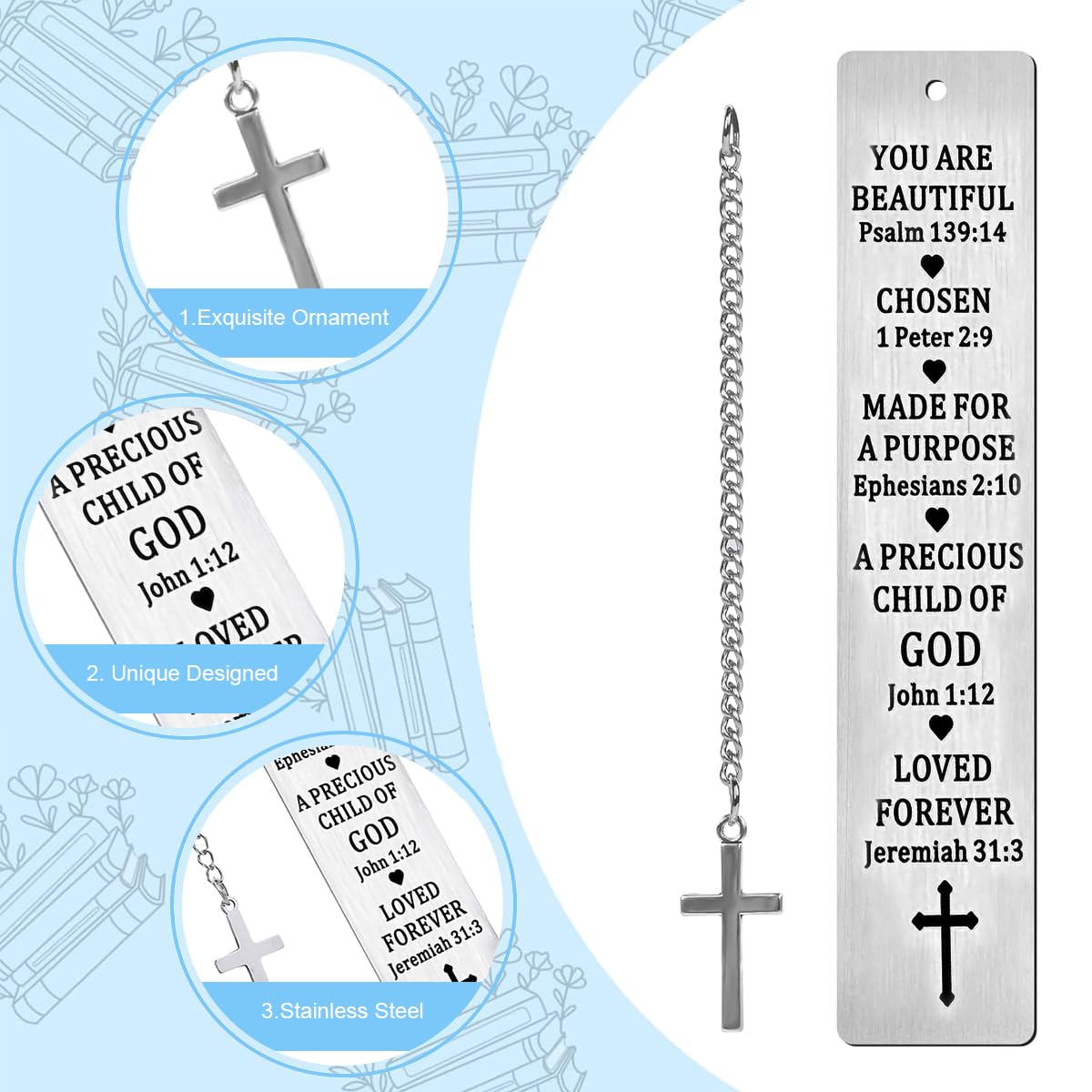 Climberty Metal Bookmarks with Cross Pendant Chain for Bible Reading | Stainless Steel Christian Gift
