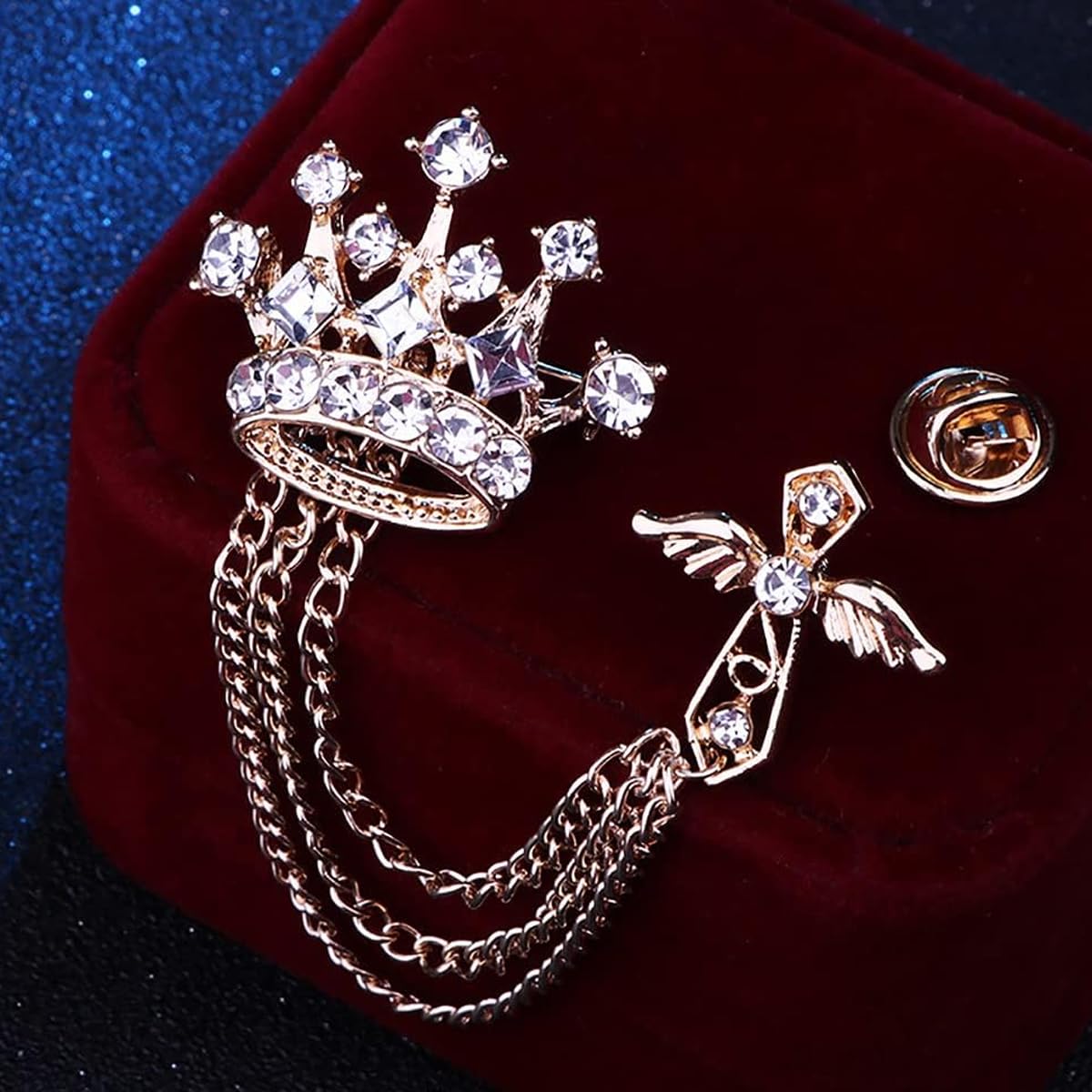 Venzina Brooch for Suit featuring Vintage Cross Crown Design with Tassel Chain | Golden Rhinestone Pin for Men and Women