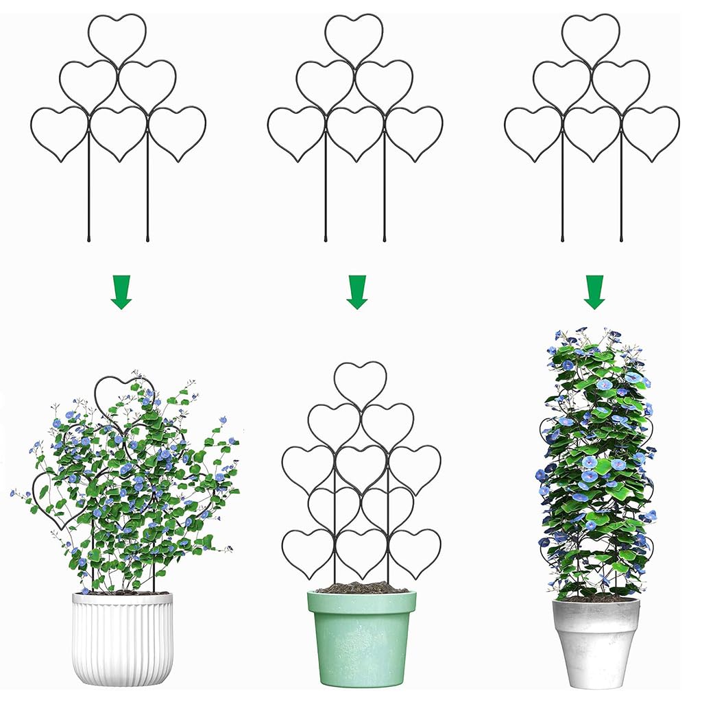 HASTHIP® 3Pcs Plant Trellis Heart-shaped Grid Iron Plant Pot Trellis for Climbing Plants DIY Assembly Green Plant Pot Trellis with 20Pcs Cable Ties