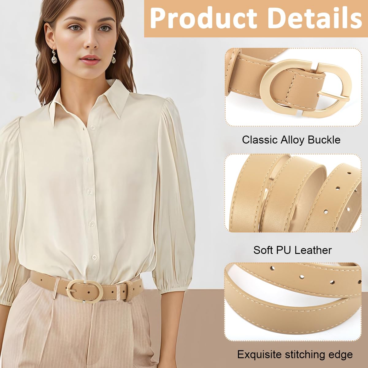 SANNIDHI Ladies Belt for Jeans and Dresses featuring Tuck and Pin Closure with Gold Buckle | 105cm Khaki PU Leather Slim Fit