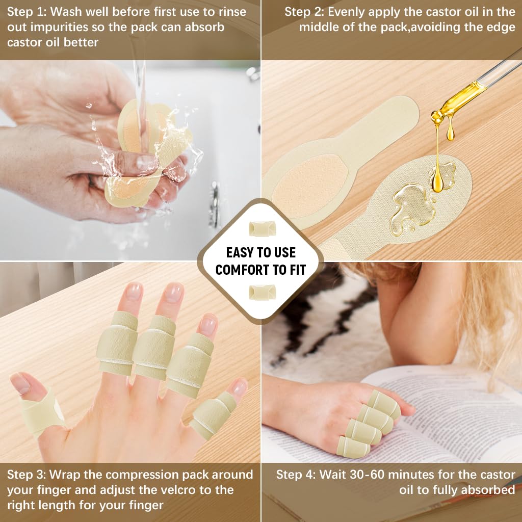 HANNEA Castor Oil Finger Wraps for Pain Relief with Adjustable Hook and Loop Design | 10Pcs Breathable Lycra Sleeves for Arthritis Support