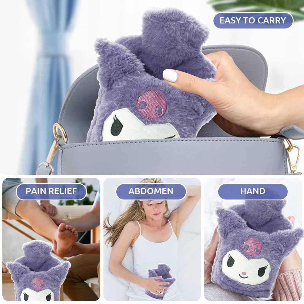 HANNEA Kuromi Hot Water Bag Set for Period Pain Relief with 1000ml PVC Bottle and Plush Cover
