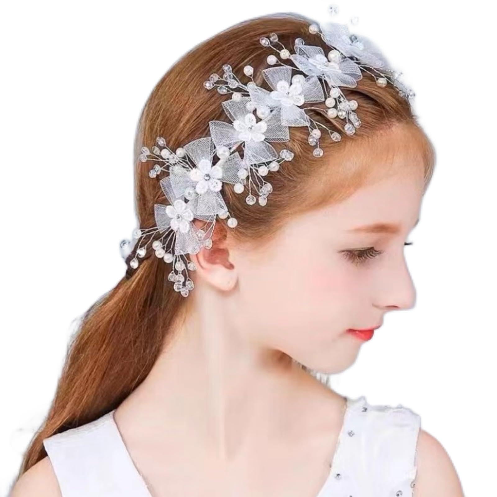 SANNIDHI Flower Tiara for Girls featuring White Lace Bow and Mesh Design | Elegant Hairband