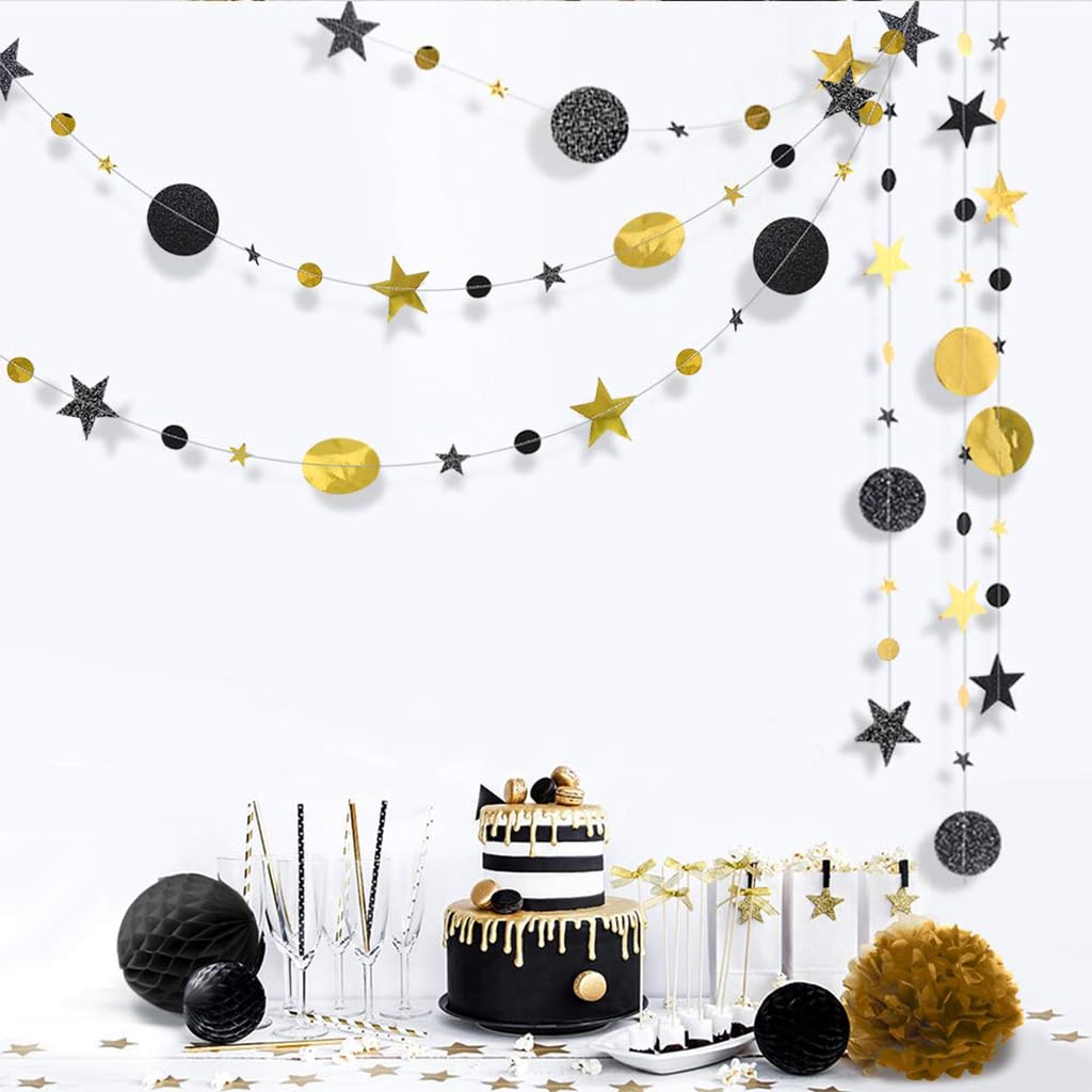 HASTHIP® 3Pcs Black Gold Party Decorations Moon Star Garland Hanging Stars13ft String Decorations Wall Hanging Decorations Room Decoration Party Supplies for Wedding, Festival, Party