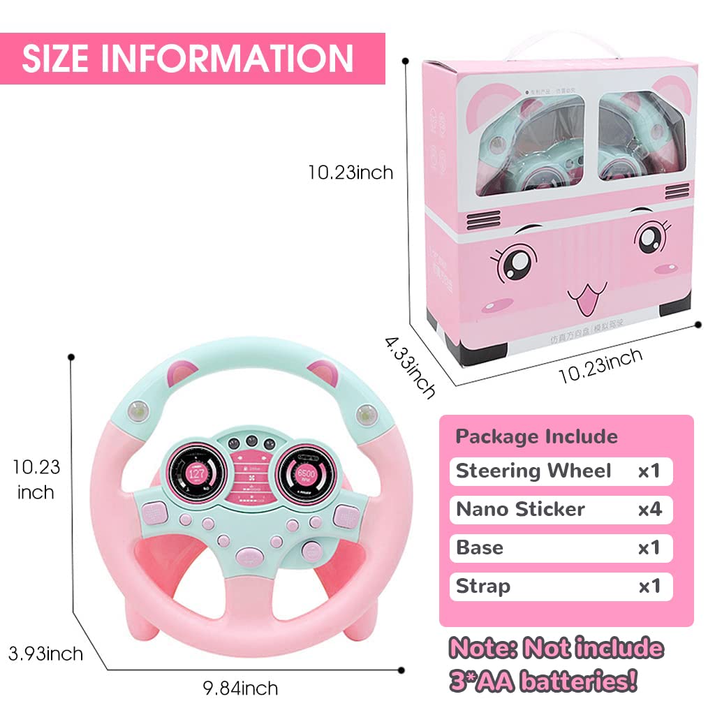 PATPAT  Steering Wheel Toy for Kids, Music Driving Simulation Racing Play Learning Educational Toys for Baby Girls Boys 1-3 Years Old, Music Toy for Baby Steering Wheel Mountable on Crib (Pink)