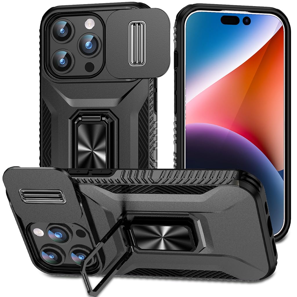 ZORBES Phone Case for iPhone 15 Max Multifunctional Phone Cover with Folding Phone Ring Grip & Sliding Camera Cover, PC Anti-Scratch Phone Case for iPhone 15 Max 6.7 inch Black