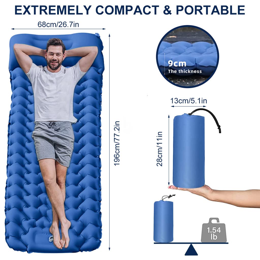 [Second-hand]Proberos@ Air Mattress with Pillow and Built-in Foot Pump, Portable Folding Camping Sleeping Bed Inflatable Mattress for Camping Backpacking Hiking Traveling Tent Car, Camping Accessories (Blue)