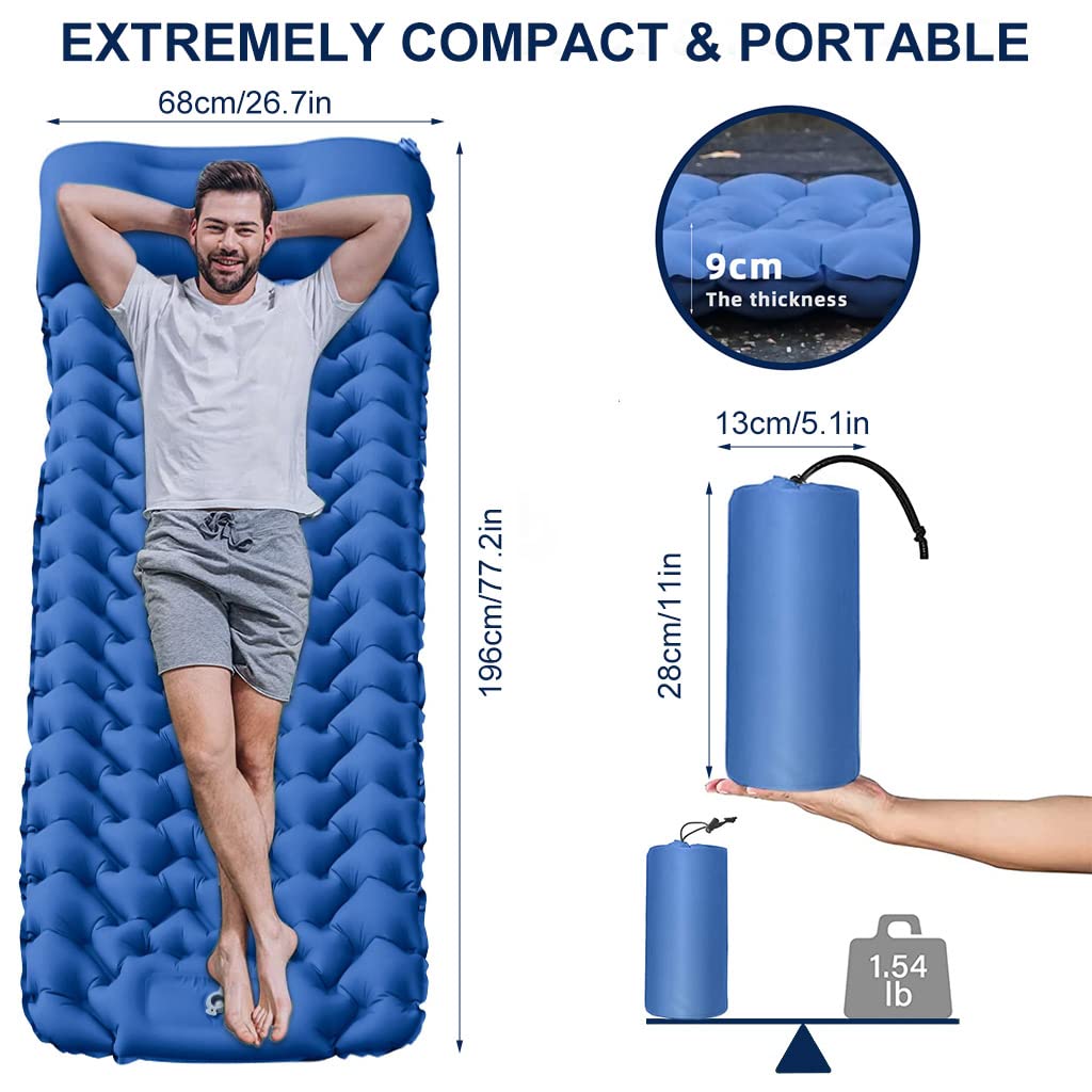 Proberos® Air Mattress with Pillow and Built-in Foot Pump, Portable Folding Camping Sleeping Bed Inflatable Mattress for Camping Backpacking Hiking Traveling Tent Car, Camping Accessories (Blue)