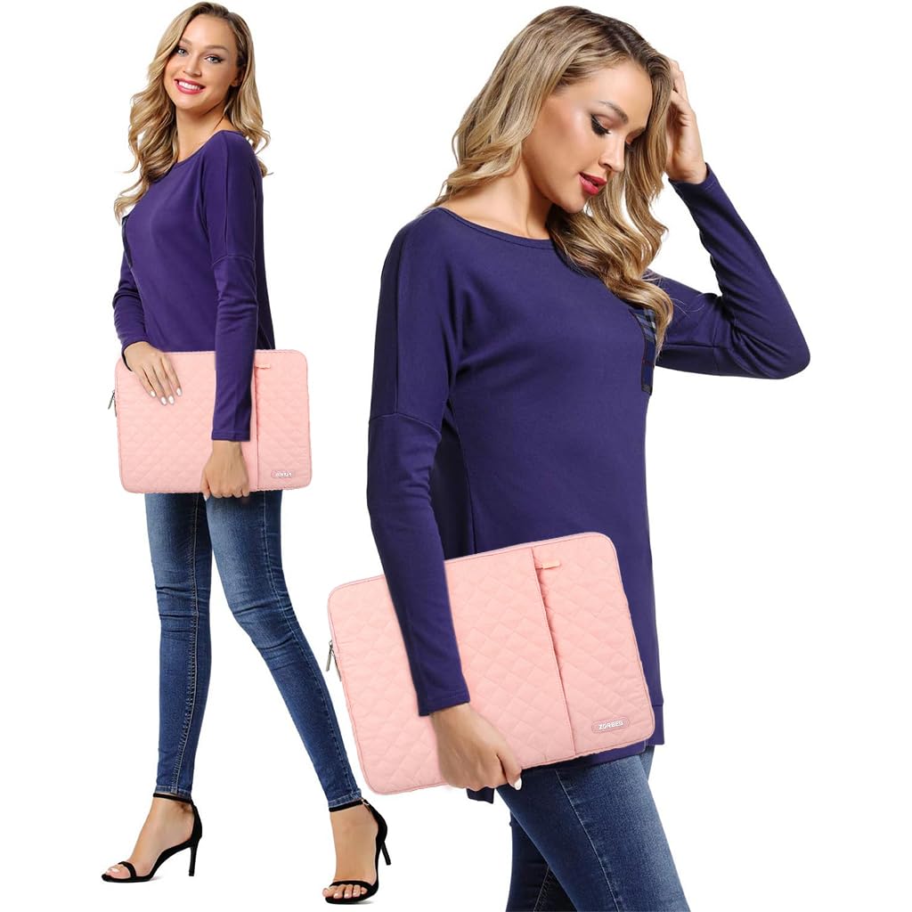 ZORBES Laptop Bag for Travel with Dual Zipper Compartment and Waterproof Quilted Design | 13 in Sleeve and SSD Pouch Pink