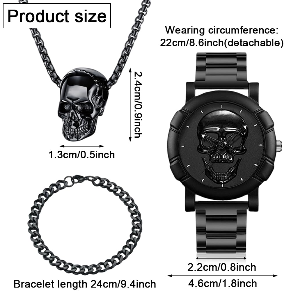 Proberos Skull Watch Bracelet Gift Set for Men with Alloy Steel Chain Necklace | 3‑Piece Jewelry Collection