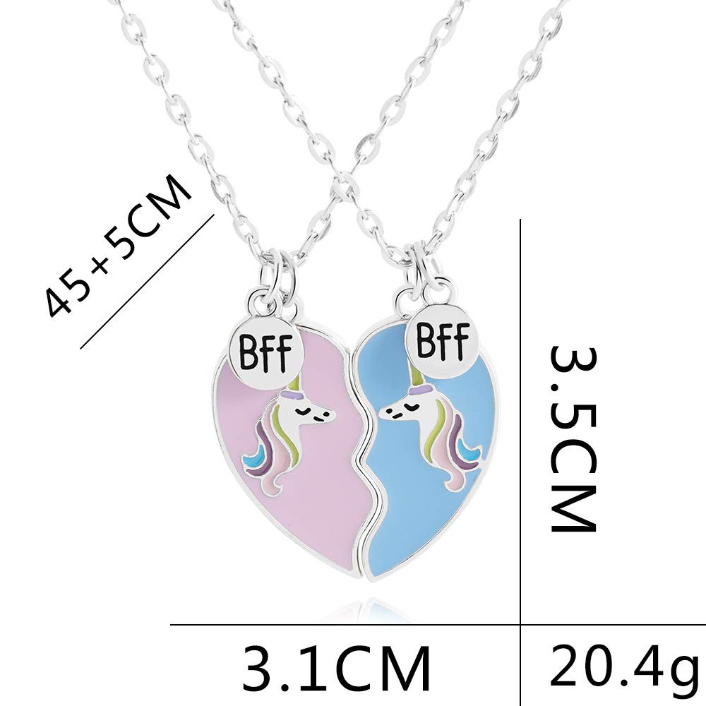 ZIBUYU Unicorn BFF Friendship Necklace Set for 2 Girls with 17.7 in Chain | Pink and Blue Heart Pendant