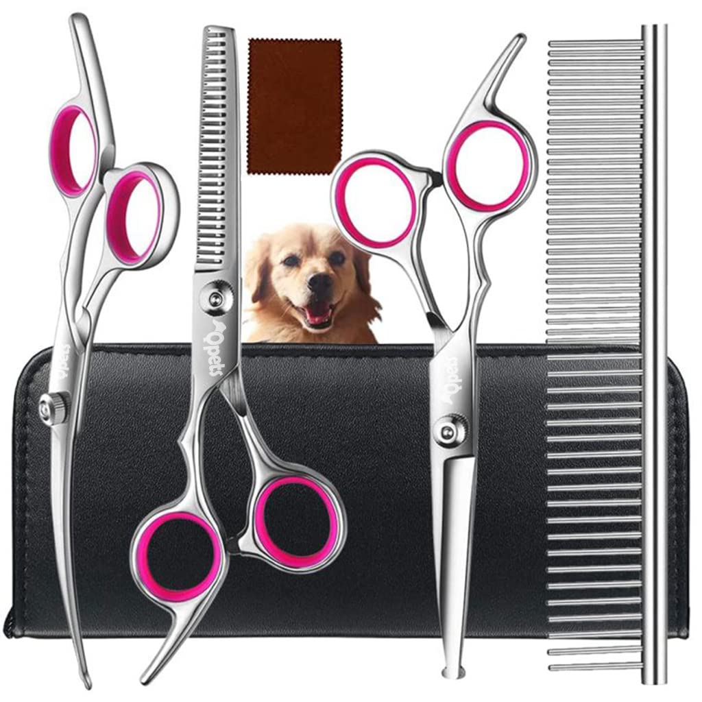 Qpets  Dog Grooming Scissors Kit with Safety Round Tips Stainless Steel Professional Dog Grooming Shears Set - Thinning, Straight, Curved Shears and Comb for Long Short Hair for Dog Cat Pet (4 PCS)