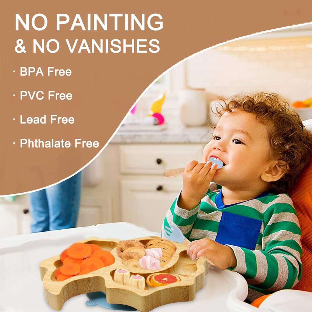 SNOWIE SOFT Baby Plate Kit for Toddlers with 4 Section Suction Cup | Bamboo and Silicone 3Pcs Set