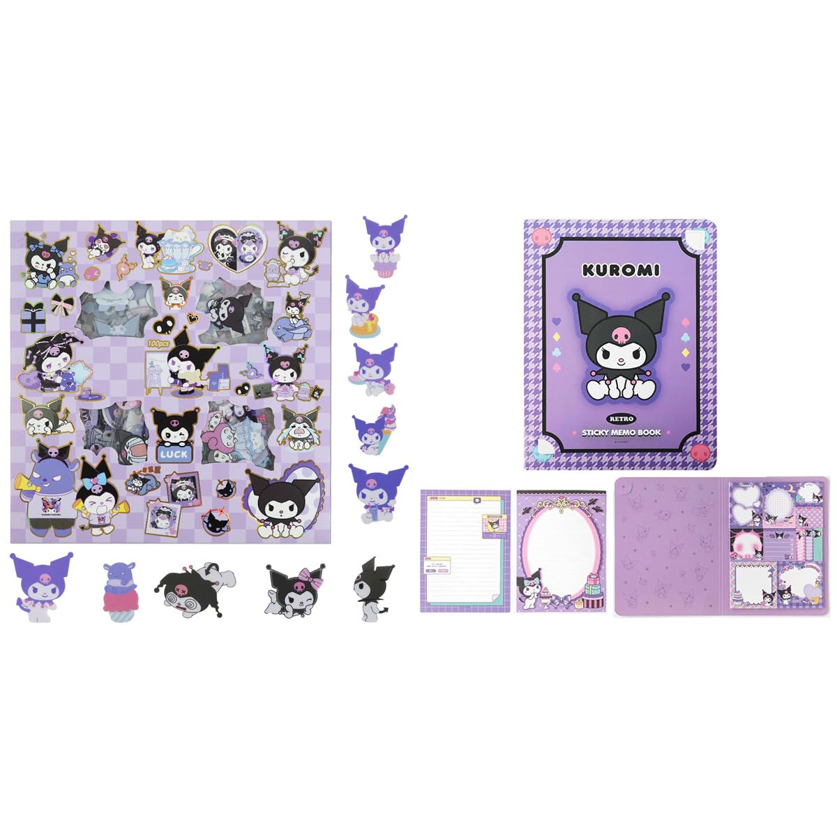 HASTHIP® Kuromi & Melody 100Pcs Sticker Set + 330Pcs Kawaii Sticky Notes Combo, Cute Sanrio Gifts for Kids, Teens, Girls, DIY Crafts, Journaling, Scrapbooking, Planners, Office Supplies