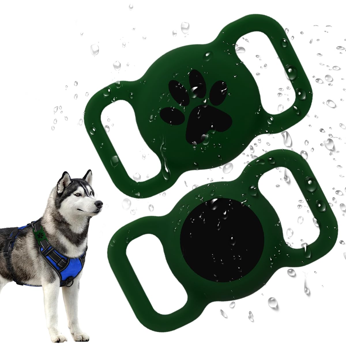 Qpets® Dog Collar Holder for AirTag Cat Collar Buckle, Waterproof Protective AirTag Holder Tracker, Elasticity Silicone Loop Case for AirTag Pet Collar AirTag Holder Locator Tag (Green)