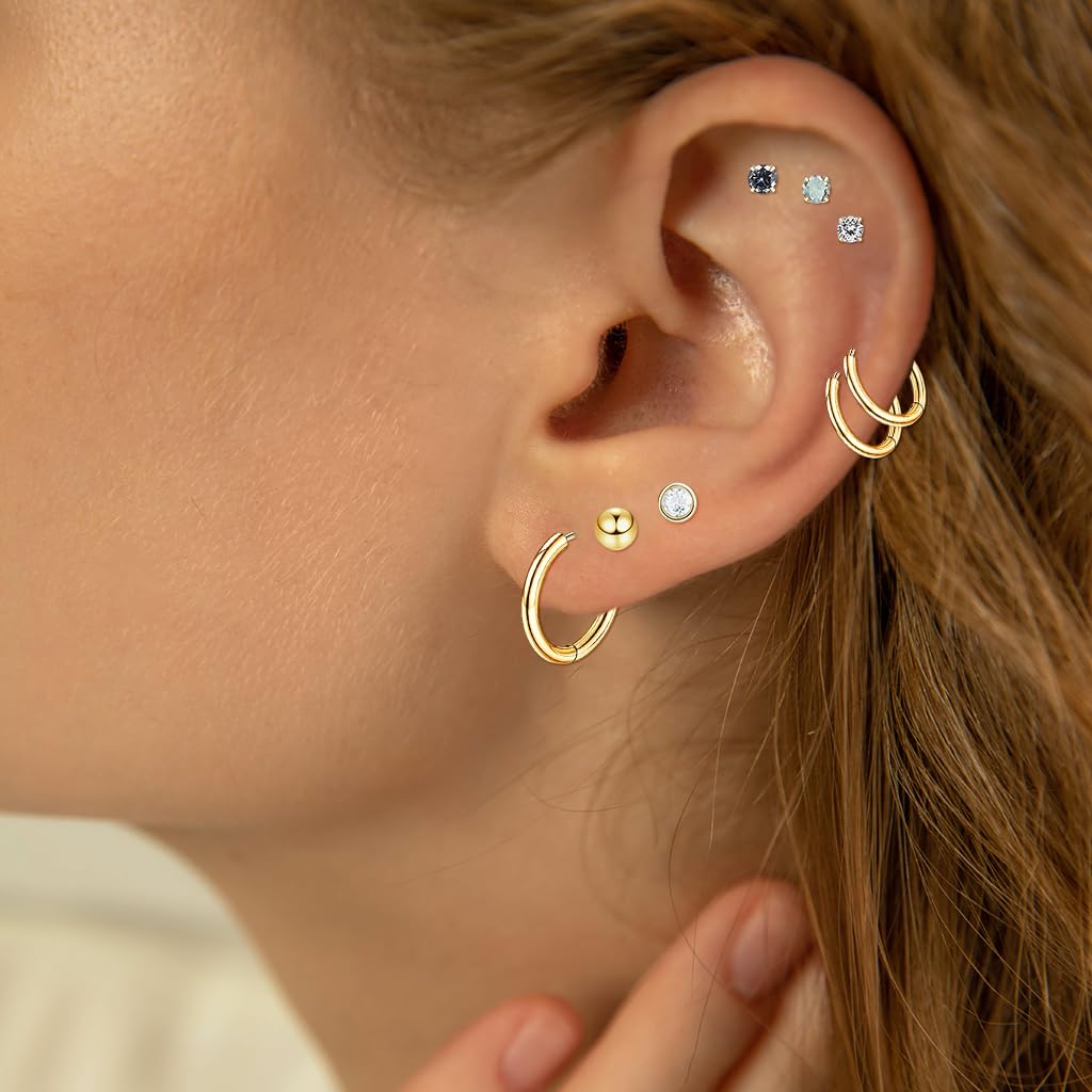 SANNIDHI Hypoallergenic Flat Back Earrings for Sensitive Ears with 0.8mm 20G Studs | Surgical Steel Stacking Set for Women