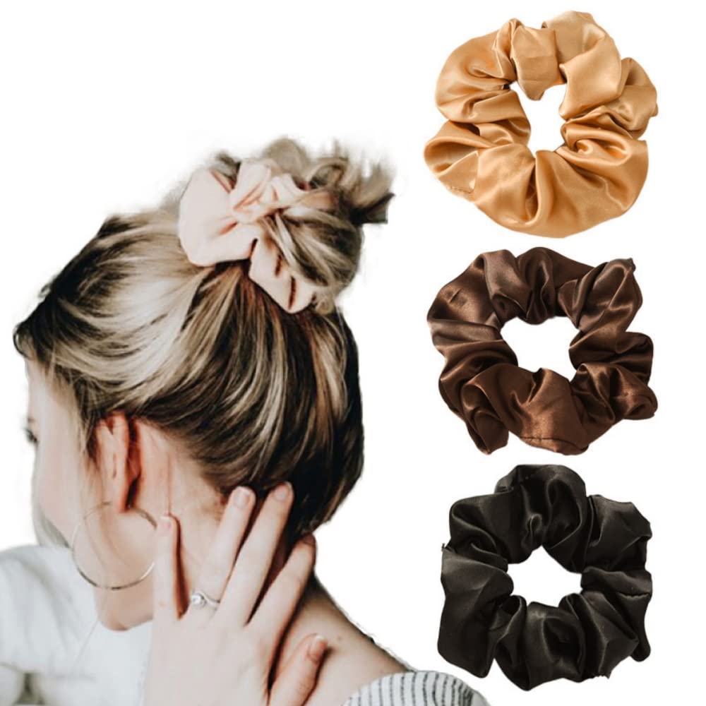 SANNIDHI Satin Scrunchies for Women with High Elastic Core in Beige Brown and Black | 3 Pcs Set