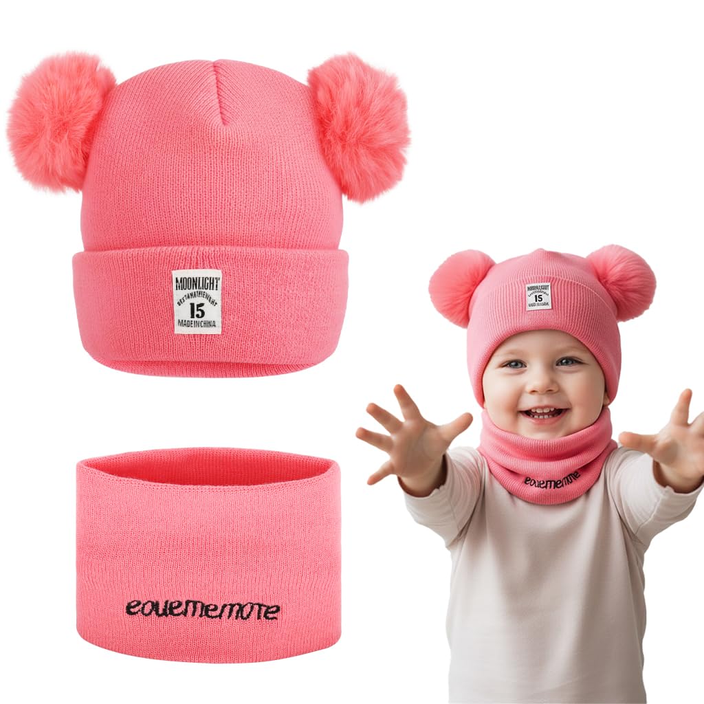 Zibuyu Knitted Baby Deer Antler Hat for 3–24 Months with Chin Strap and Soft Wool | Pink Winter Beret