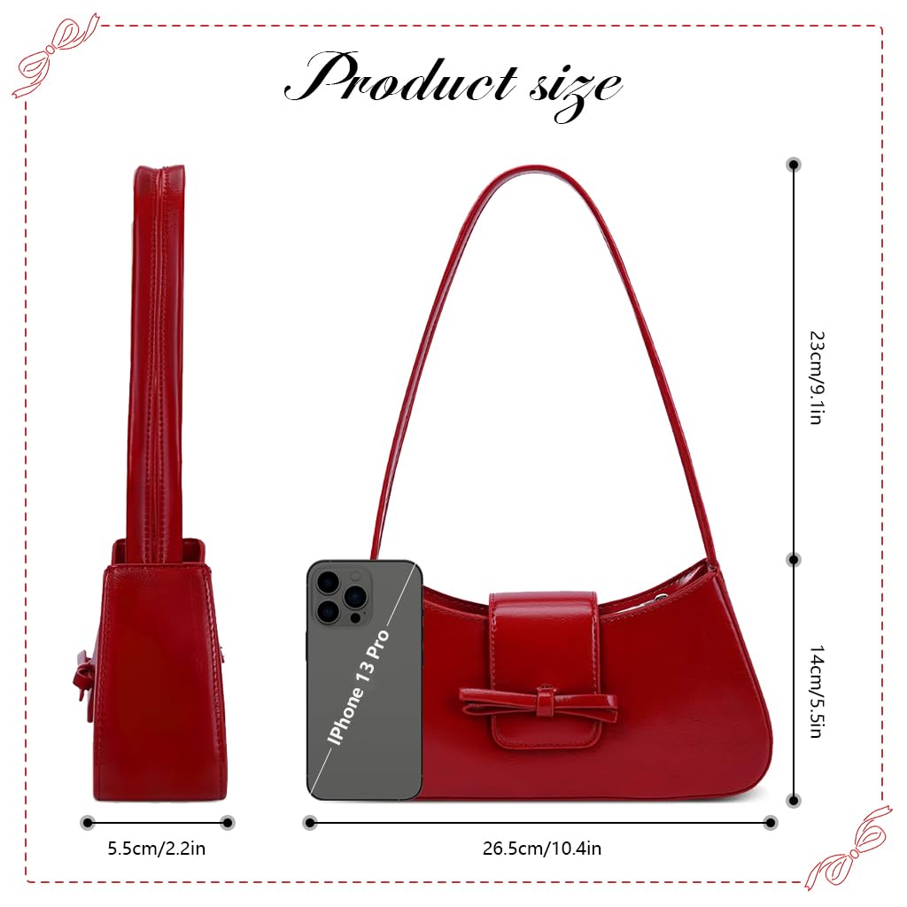 PALAY Shoulder Bag for Women with Bow Charm and Dual Closure 27x14cm Glossy Red Purse