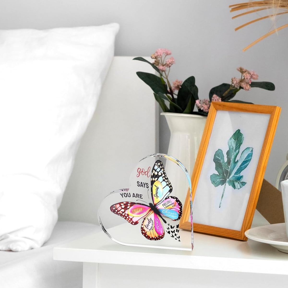 HASTHIP Inspirational Christian Desk Decor for Women with 15x15x1.5 cm Heart Acrylic Ornament | Faith Gift Featuring UV Printed Butterfly Design