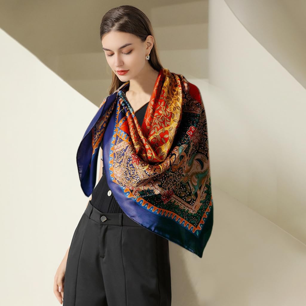 PALAY Satin Scarf for Women 43.5×43.5 in with Tree of Life Print | Silky Polyester Shawl