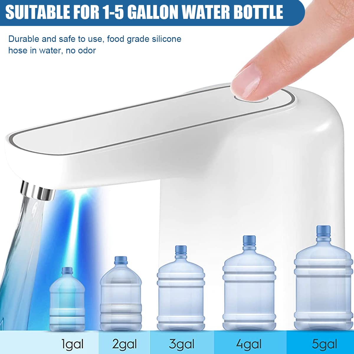 HASTHIP Automatic Water Dispenser Pump for Home and Office with LED Light and USB Rechargeable Battery | Fits 2.16 in Water Can Neck