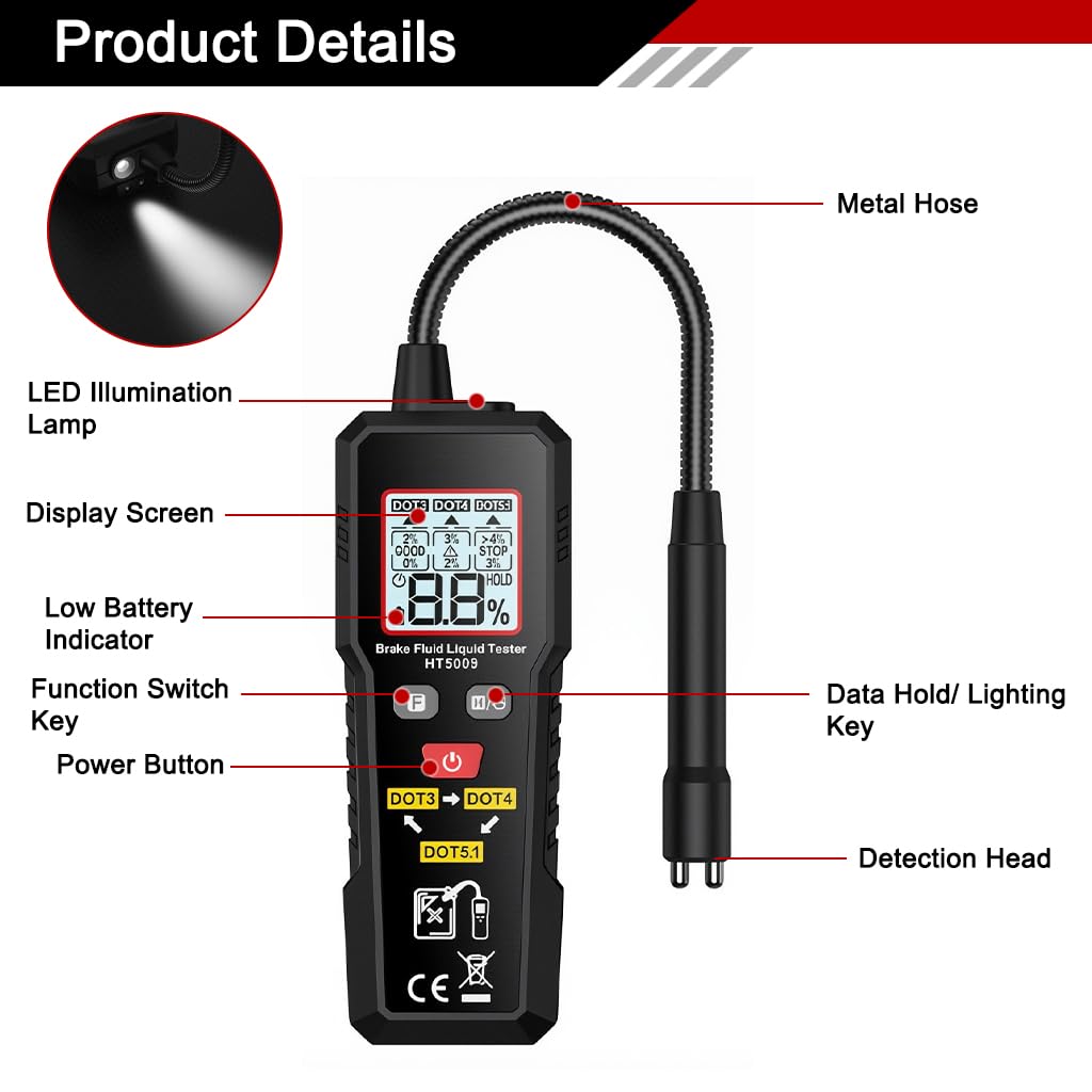 STHIRA Digital Brake Fluid Tester for DOT3 DOT4 DOT5.1 with Flexible Probe & LCD Display