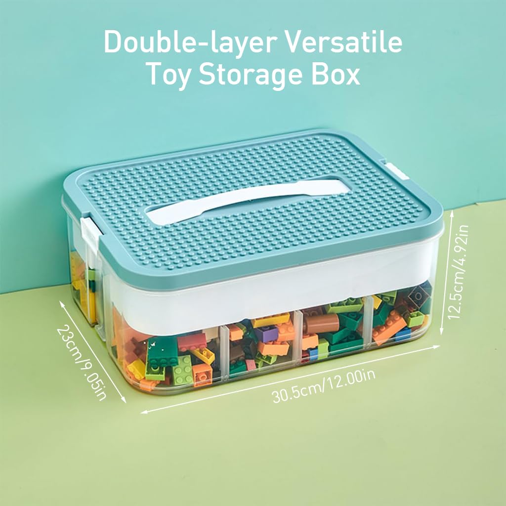 PATPAT Kids Toy Storage Case Double Layer Multi Compartment Building Blocks Bulk Toy Bricks Storage Case Portable Kids Toy Storage Case with Lid, 30.5x23x12.5cm