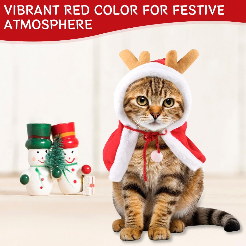 Qpets® Chrismat Cat Clothes, Dress Up Clothes Chrismat Red Elk Cloak for Cat Warm Plush Cloak Adjustable Drawstring Hat Christmas Party Clothes for Cat, L