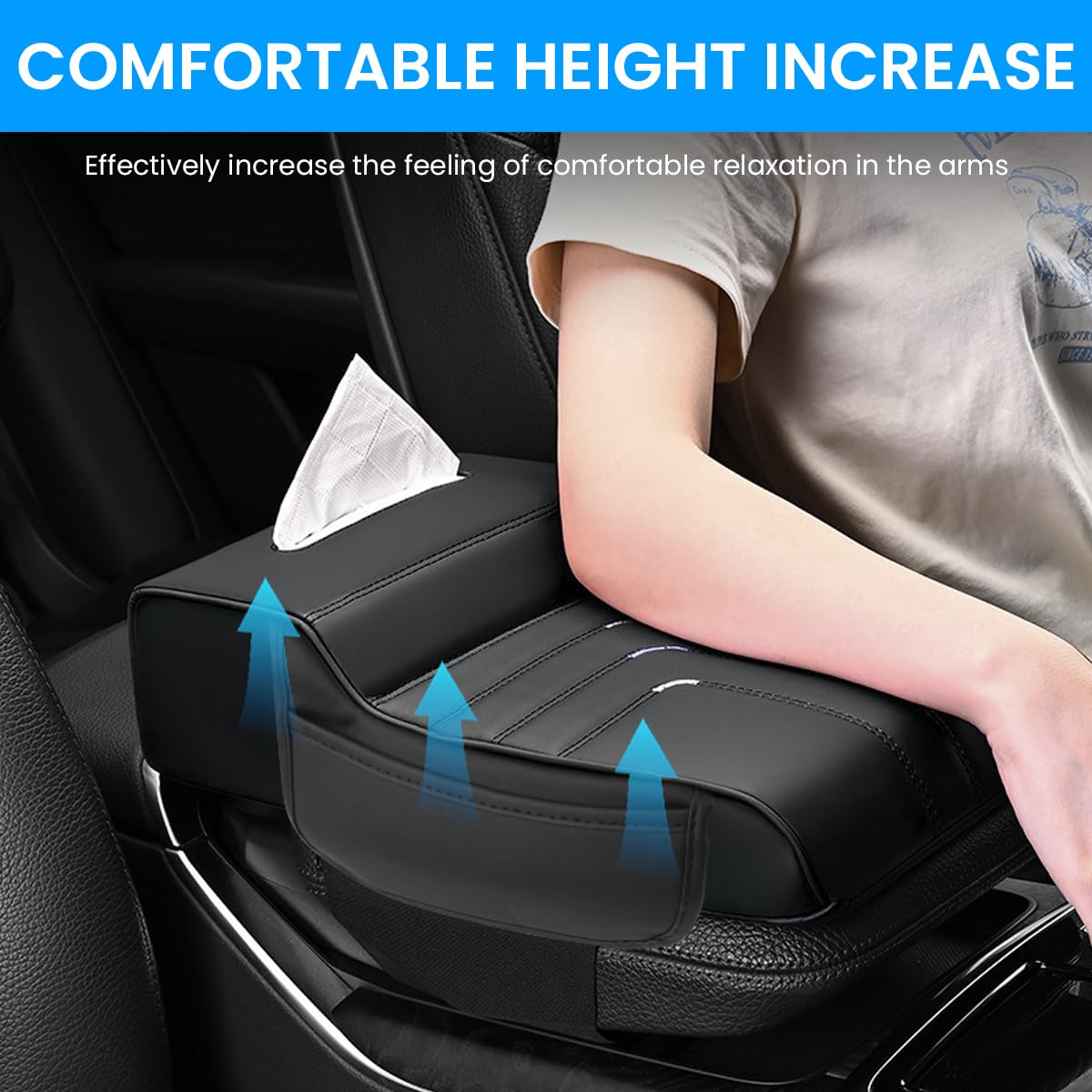 STHIRA Memory Foam Car Armrest Cushion for Enhanced Comfort with Tissue Box & Side Pocket | 33×8×22 cm PU Leather Universal Fit