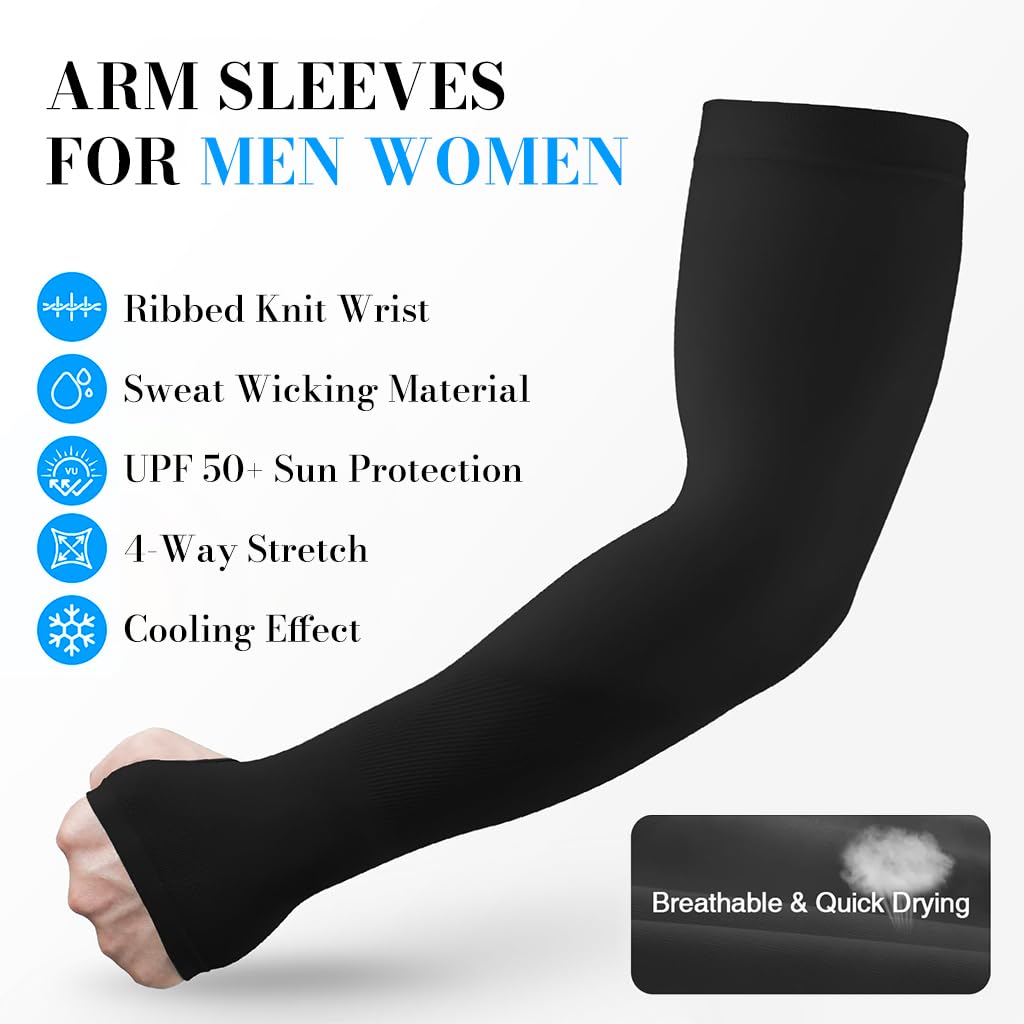 Zibuyu Arm Sleeves for Running and Outdoor Sports with Thumb Hole | 2 Pairs UV Protection Black