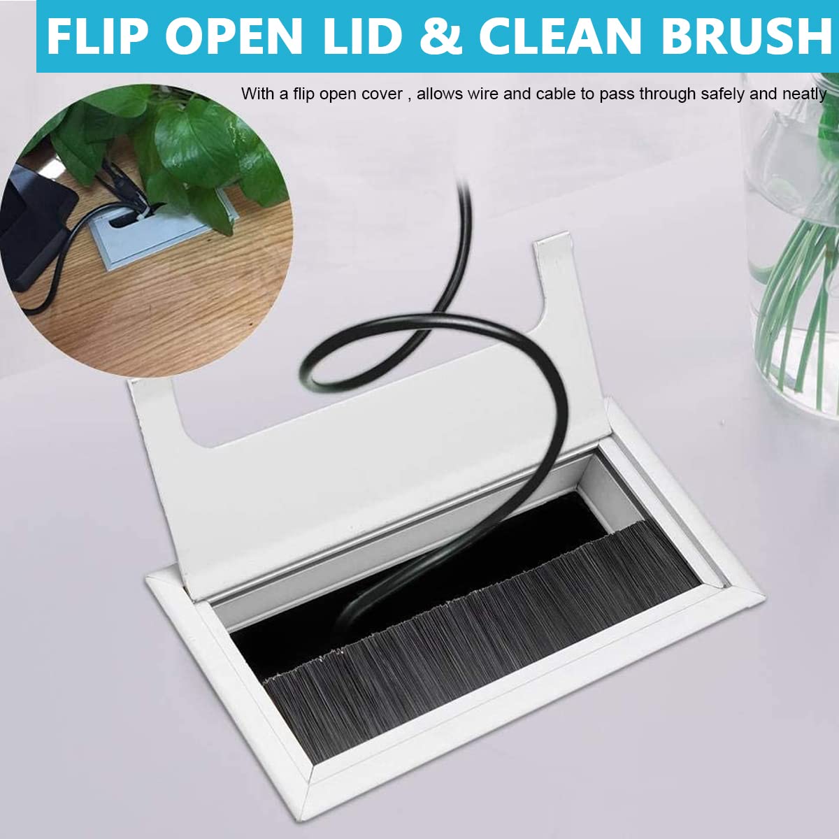 HASTHIP Rectangular Wire Cable Hole Cover for Office Desk with Flip Lid and Brush 160x80mm Aluminum Silver
