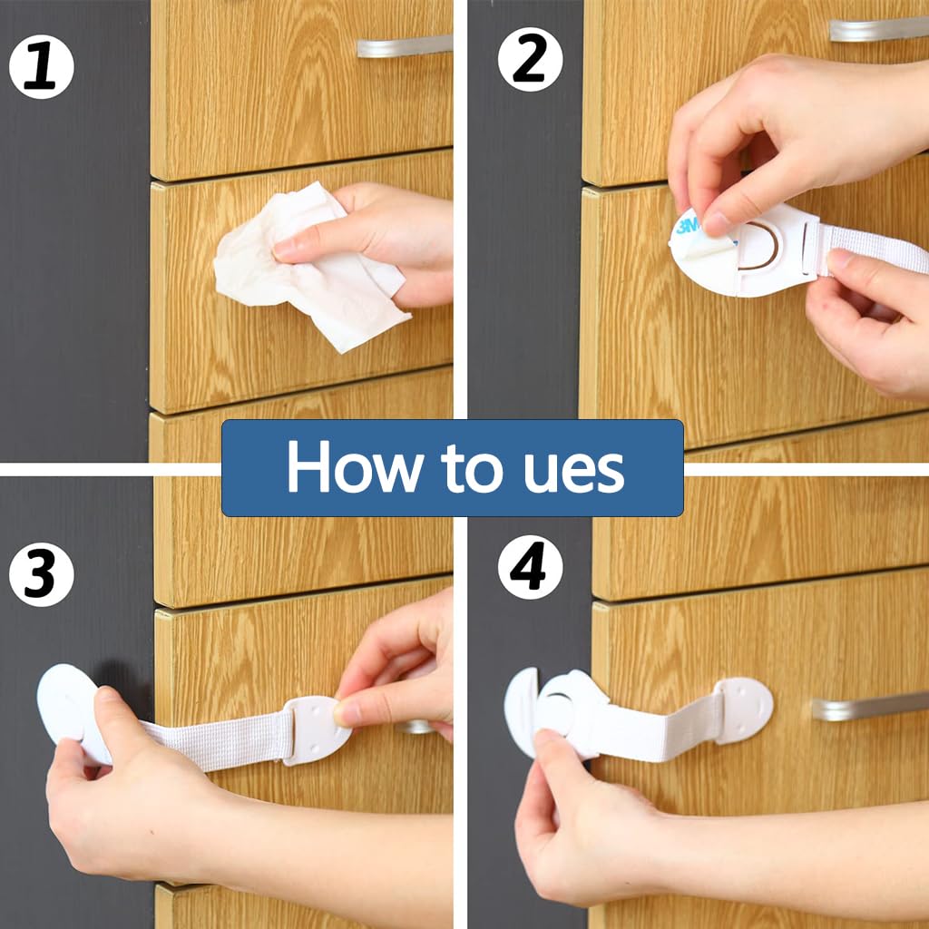 ZIBUYU Child Safety Cabinet Locks 10 Pcs for Cabinets and Drawers with Adhesive Strap | White