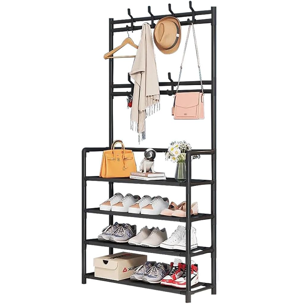 Supvox Metal Shoe Rack for Entryway Storage with 4 Tiers and Double Hanging Rods | DIY Assembly Bench Organizer
