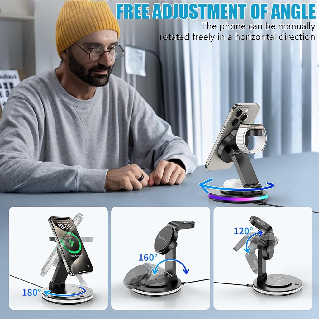 Zitronix Magnetic Wireless Charger for iPhone with 180° Rotating Base | 3 in 1 Dock for iPhone iWatch and AirPods