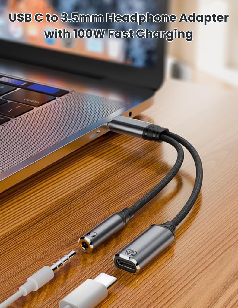 Verilux Type C to 3.5mm Adapter with PD 100W Charging and Dual Port Design | for USB-C Devices