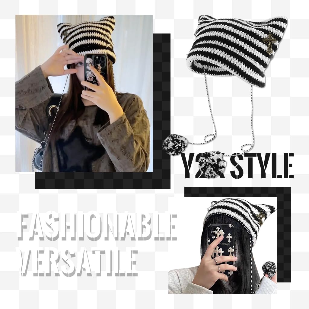 Venzina Crochet Hat for Women featuring Cat Ear Design and Cross Charm | Y2K Winter Beanie