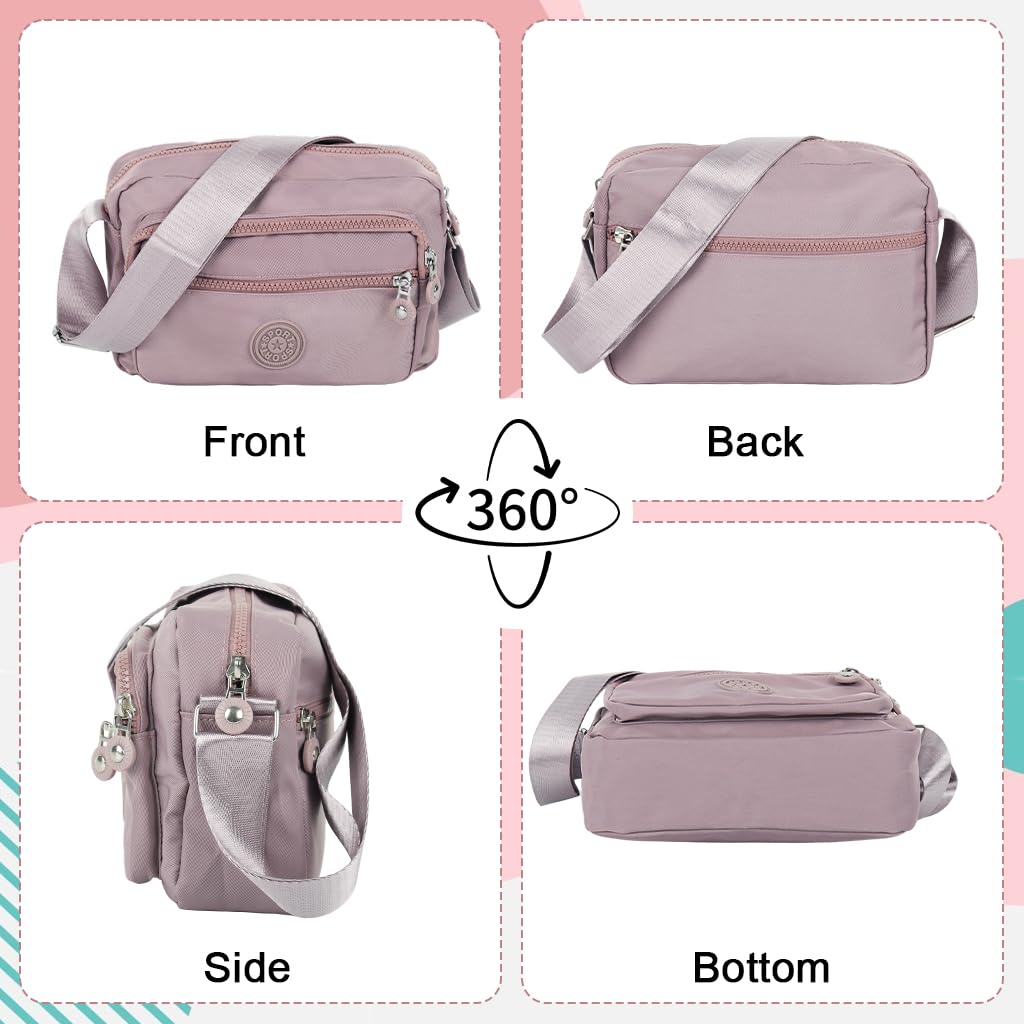 Zibuyu Womens Crossbody Bag for Travel with Multi Pocket Design and Waterproof Nylon | Pink