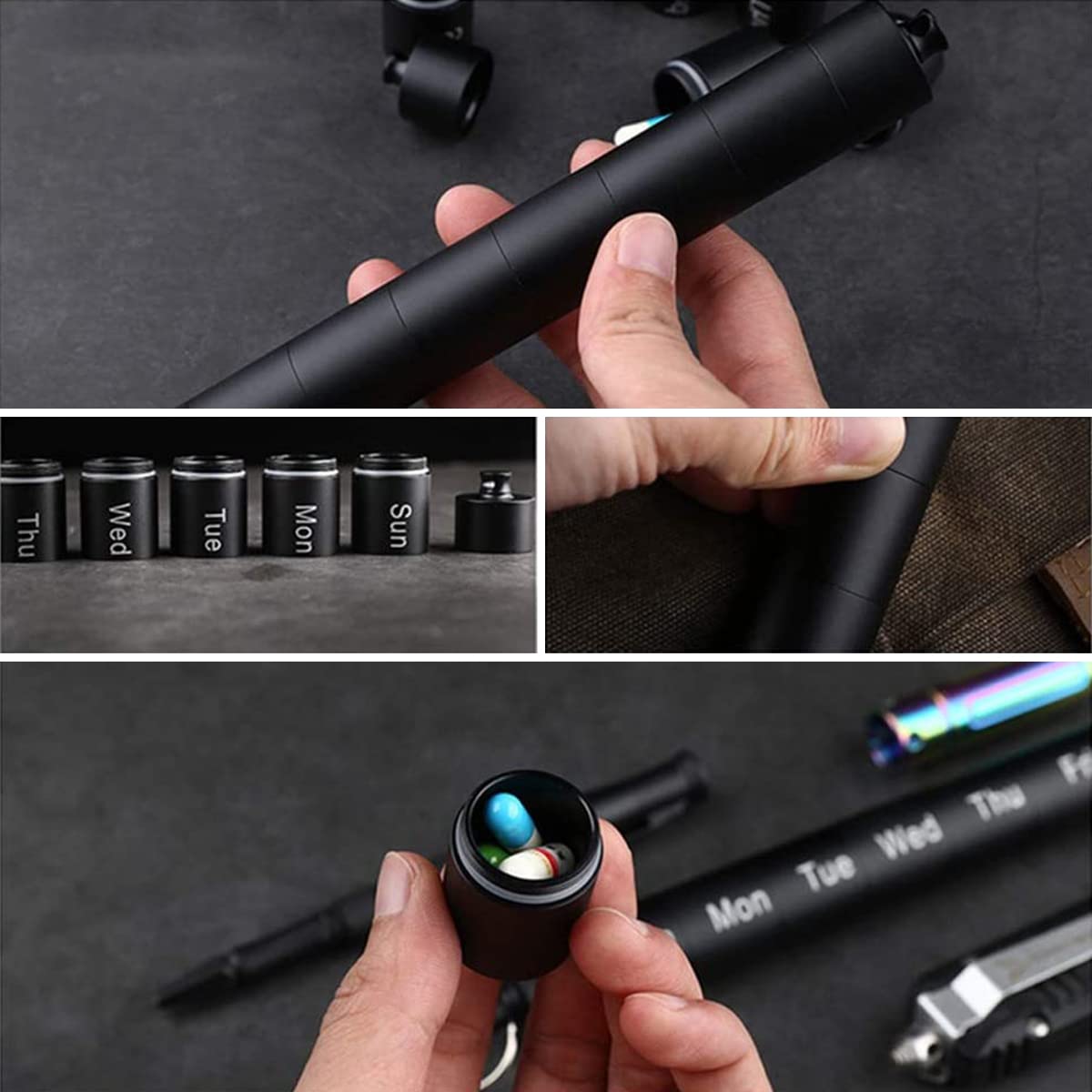 HANNEA Metal Pill Box Organizer for 7 Days with Pen Shape Design and Waterproof Keychain | Aluminum Alloy Travel Medicine Case