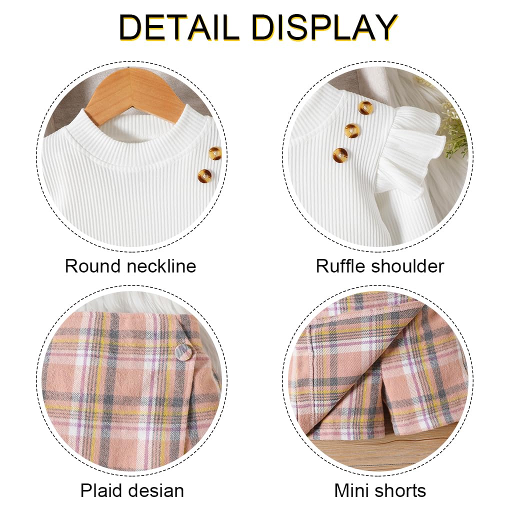 PALAY® Baby Toddler Girl Clothes Kit Girls Set of 2Pcs Top and Shorts Long Sleeve Ruffle Shirt Base Top and Plaid Skirt Shorts for Girls 4-5 Years Old, Size 120cm