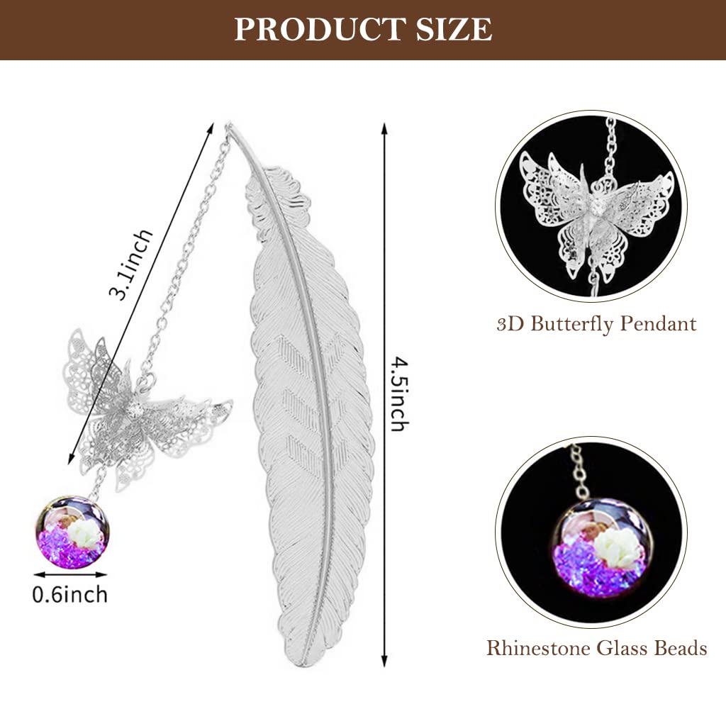 HASTHIP® Metal Feather Bookmark with Glass Beads Pendant, Vintage Feather Butterfly Bookmark for Reading Enthusiasts and Gifting, Bookmark Gift for Teachers Women (Silver Bookmark, Purple Flower)