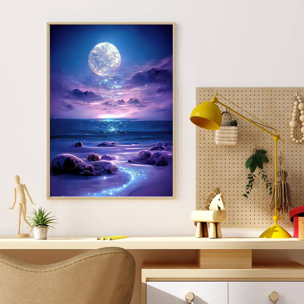 HASTHIP DIY 5D Diamond Painting Art Kit for Home Decor featuring 12 x 16 in Moonlit Beach Scene | 2 PCS Beginner Set