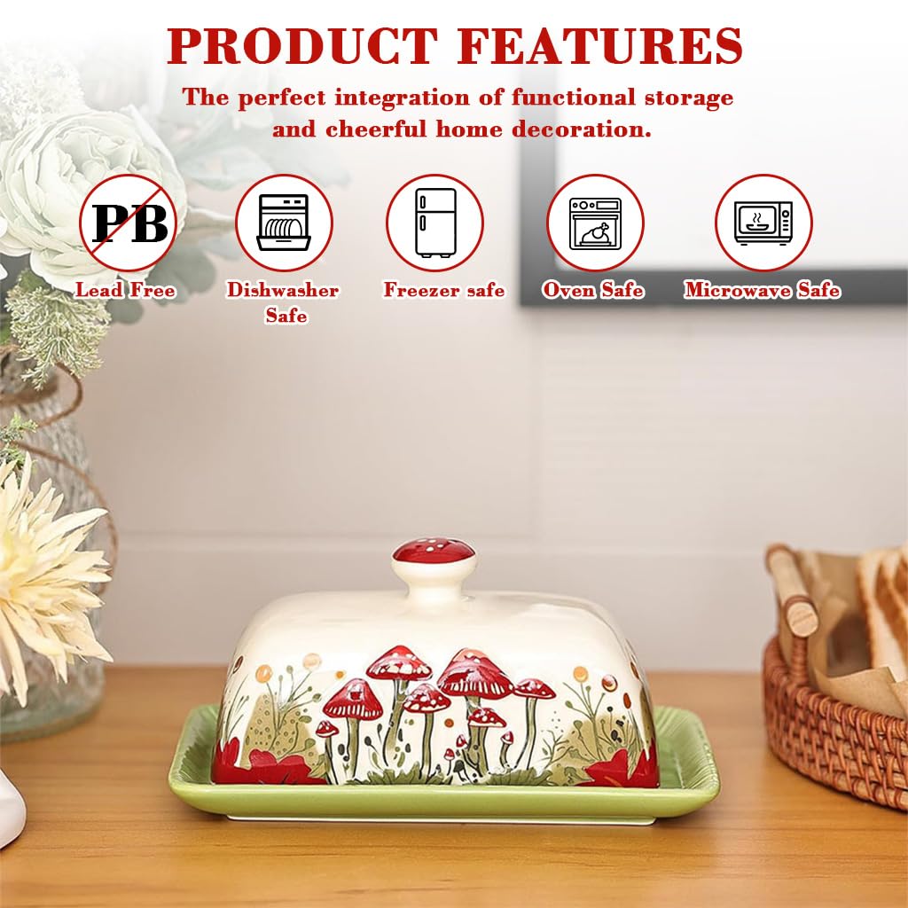 Supvox Ceramic Butter Saver Dish for Storage with Lid and Cartoon Mushroom Print 5.5x2.2 in