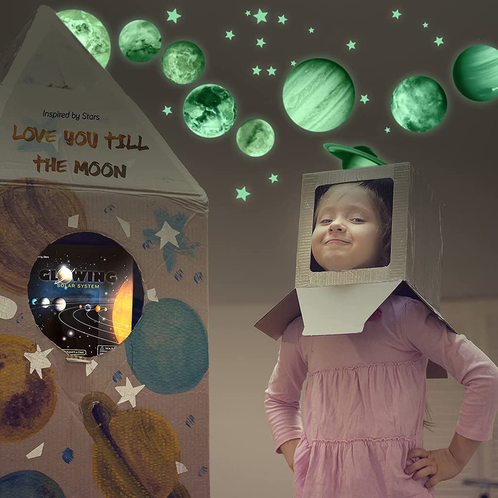 HASTHIP 3D Luminous Wall Sticker Set for Starry Bedroom with 110 pcs Glow Planets and Stars | Self Adhesive Waterproof PVC Decor