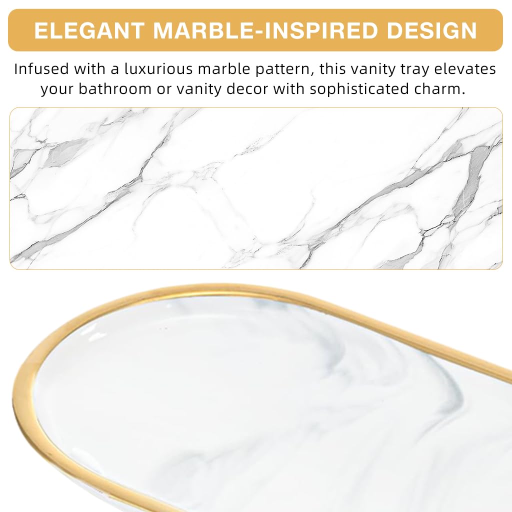 HASTHIP Vanity Tray for Bathroom Countertops with Raised Edges featuring 31.8x14.8cm Ceramic Marble Pattern | Elegant Organizer for Jewelry and Makeup