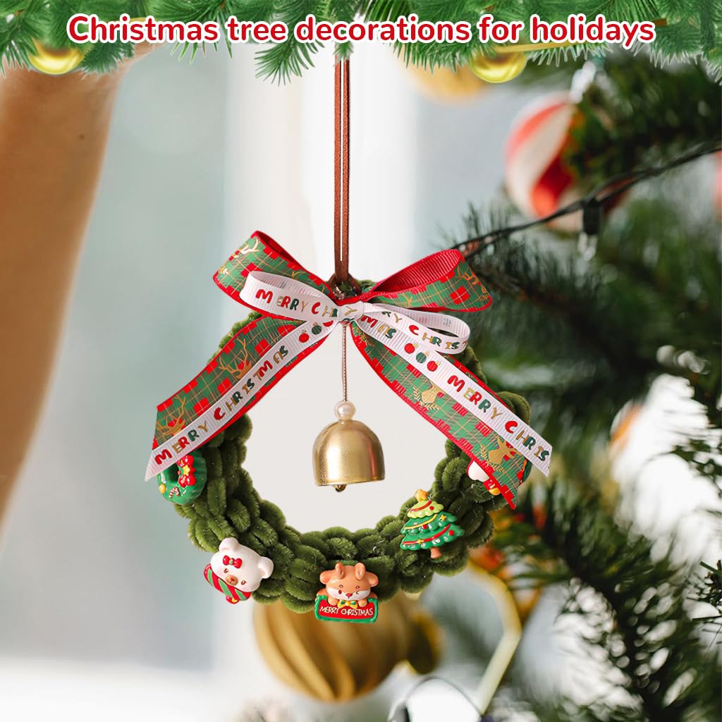 HASTHIP Christmas Wreath for Door and Window with Bell Ornaments and Ribbon Bow | Handmade Pipe Cleaner Holiday Garland Decor