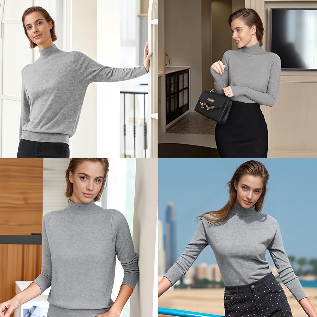 SANNIDHI Women's Cashmere Sweater for Fall Winter with Mock Neck and Slim Fit | Grey Pullover